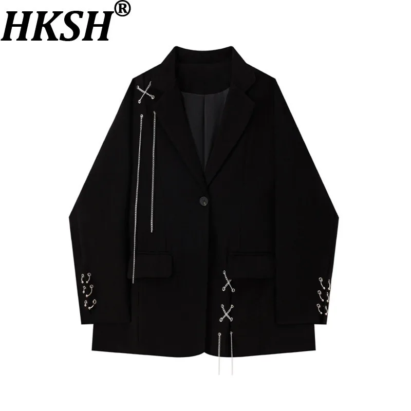 

HKSH весенне-осенний новый женский пиджак с зубчатым воротником и цепочкой на одной пуговице, милая крутая уличная повседневная нишевая дизайнерская куртка HK13036