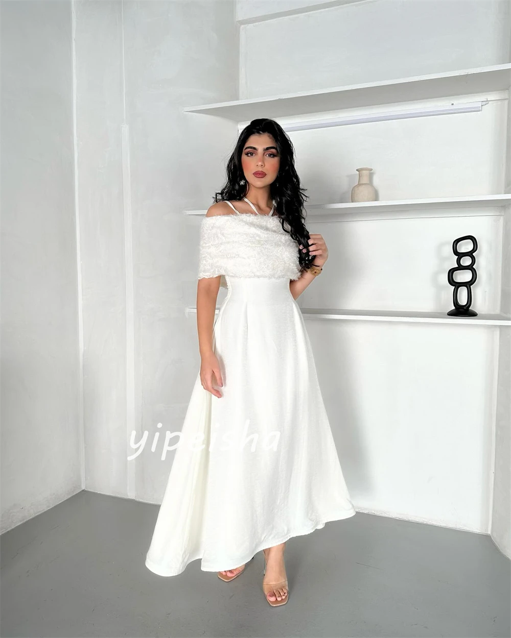 Jersey Sequined Feather Ruched Wedding Party A-line Off-the-shoulder Bespoke Occasion Gown Midi Dresses