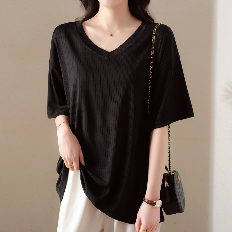 Camiseta de Punto de Seda de Hielo de Talla Grande con Cuello en V para Mujer, Ajuste Holgado, Cubre el Vientre, Cómoda, Transpirable, Top de Verano