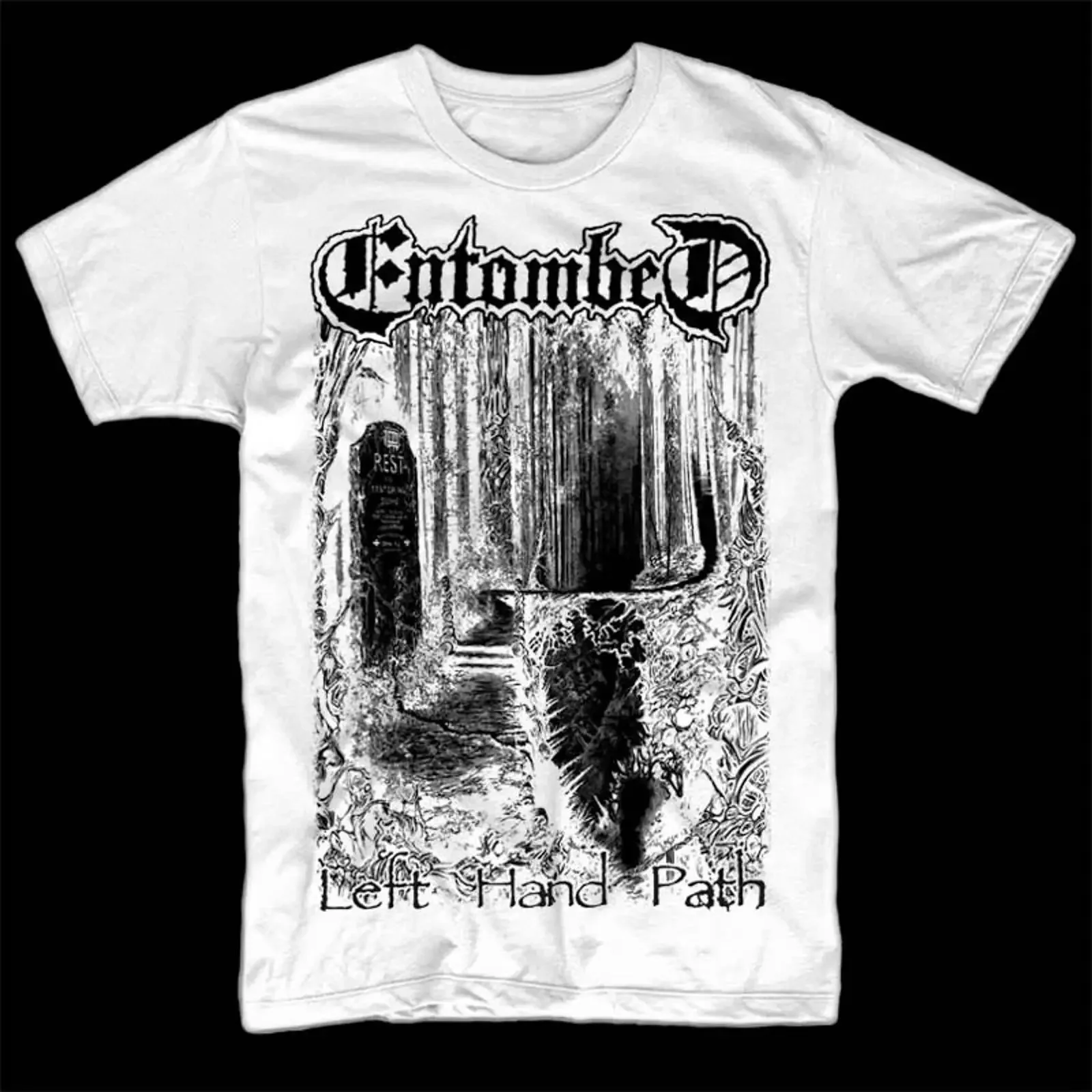 Entombed Left Hand Path T shirt WHITE death metal vintage Washed Comfortable designer clothes Stretched Versatile streetwear