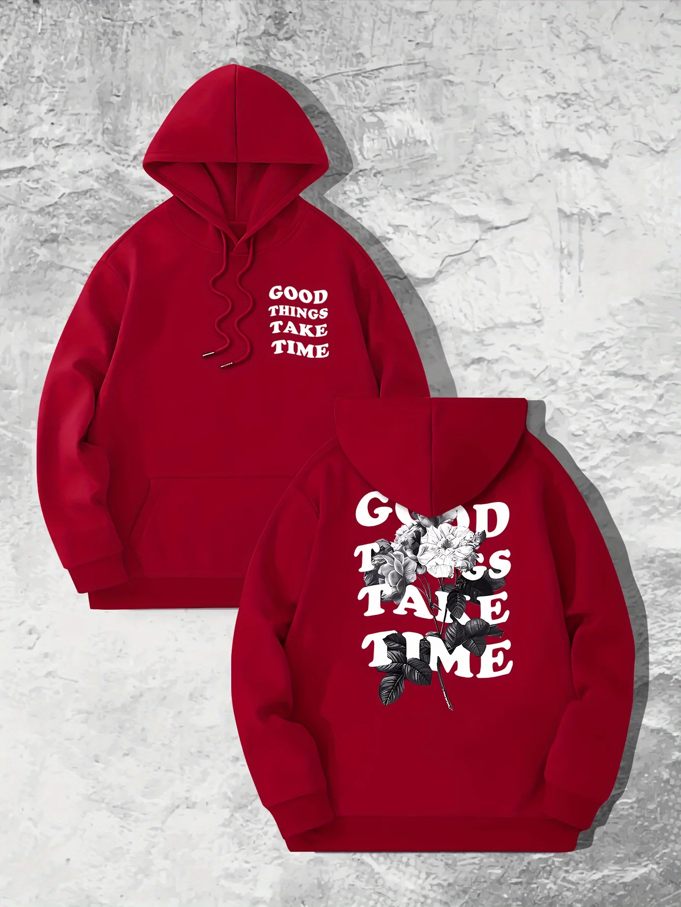 Men's Retro Rose Graphic Hoodie Heavyweight Fleece Oversized Pullover Good Things Take Time Quote Design Streetwear Casual Top