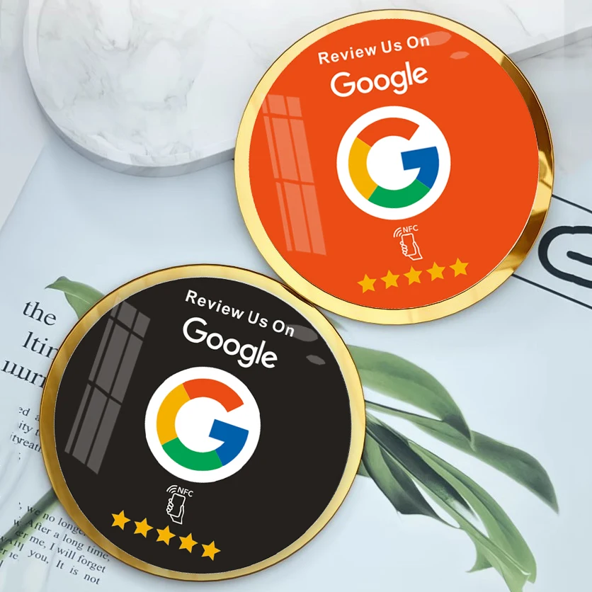 Gold Frame NFC Plaque Orangic Glass Material Acrylic NFC Sign for Google Reviews Instagram Social Media App