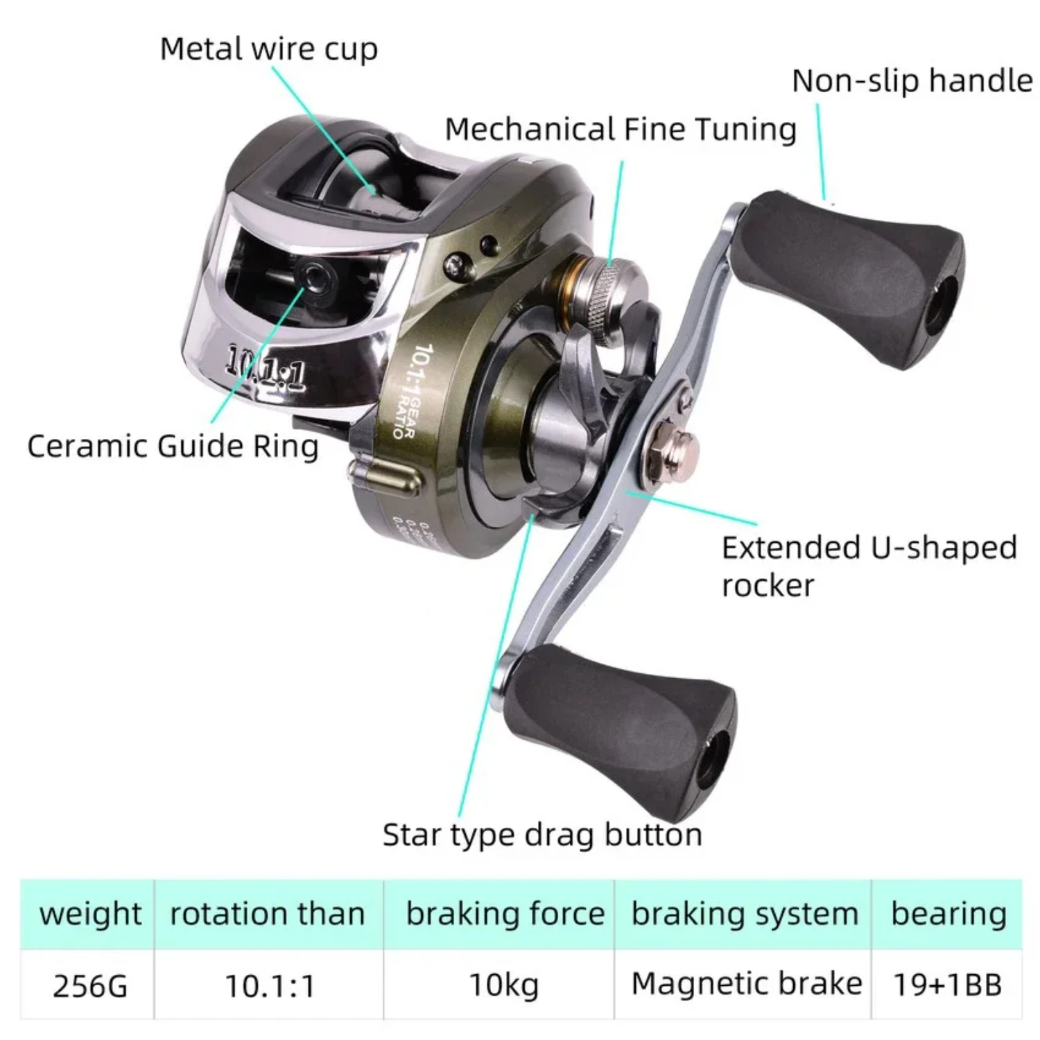 Moulinet de pêche Baitcasting à bobine métallique, frein max 10kg, rapport d'engrenage à grande vitesse 10.1 1, roue de pêche en eau salée et douce