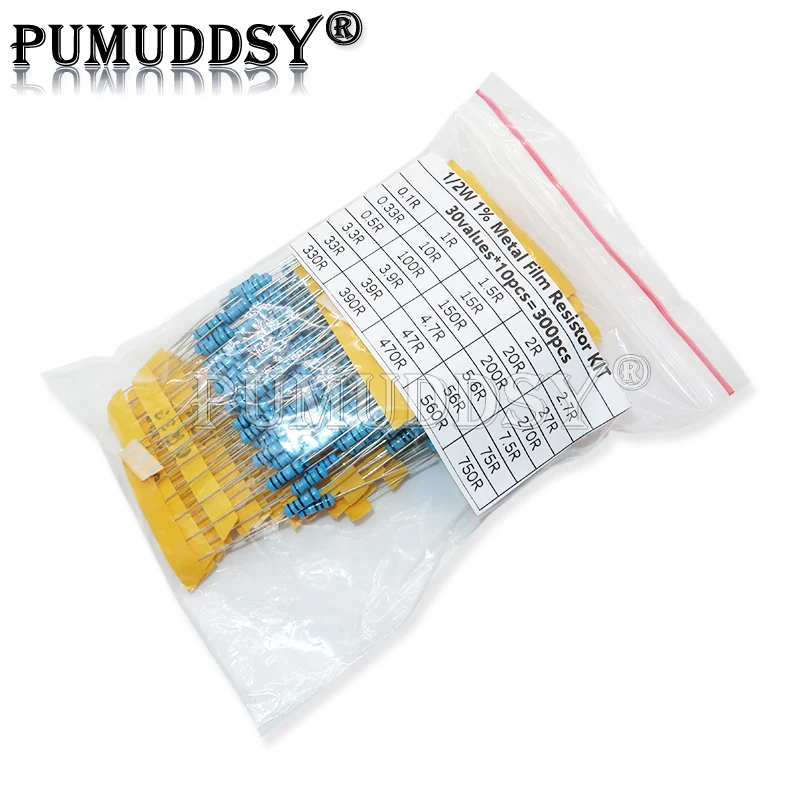 300PCS/Set 30 Kinds 1/4W 1/2W 1W 2W 3W Resistance 1% Metal Film Resistor Pack Assorted Kit 0.1R-750R 1K-820K Resistor 150PCS/Set