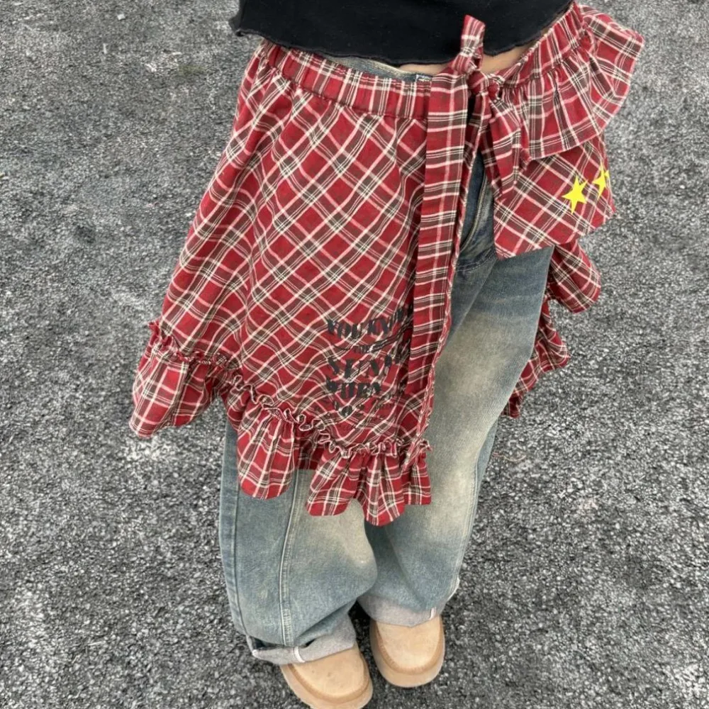 

Star Layer Outfits Plaid Skirt Shirt Extender Hip-hop Lace Up Hip Scarf Korean Style Y2K Ruffled Edge Waistband Jeans Decor