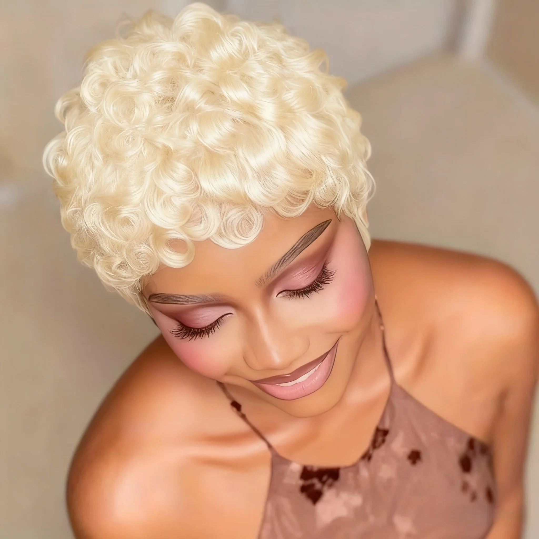 Layered Short Loose Curly Pixie Cut Human Hair Wig with Bangs