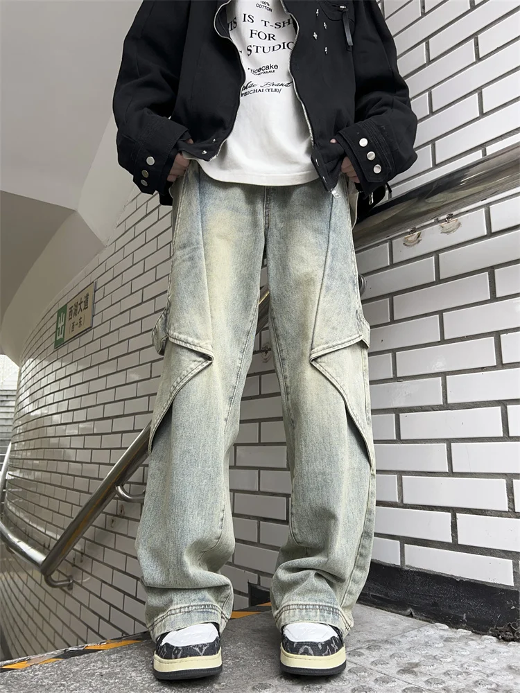 Men's Workwear Wide Leg Jeans Mud Yellow American High Street Design Spring Autumn Loose Straight Cut Trousers