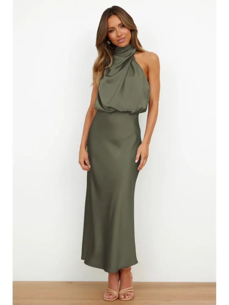 Sexy Off-the-shoulder Halter Sleeveless Satin Dress For Women's New Summer Elegant Cinched-waist Female Banquet Dresses 2025