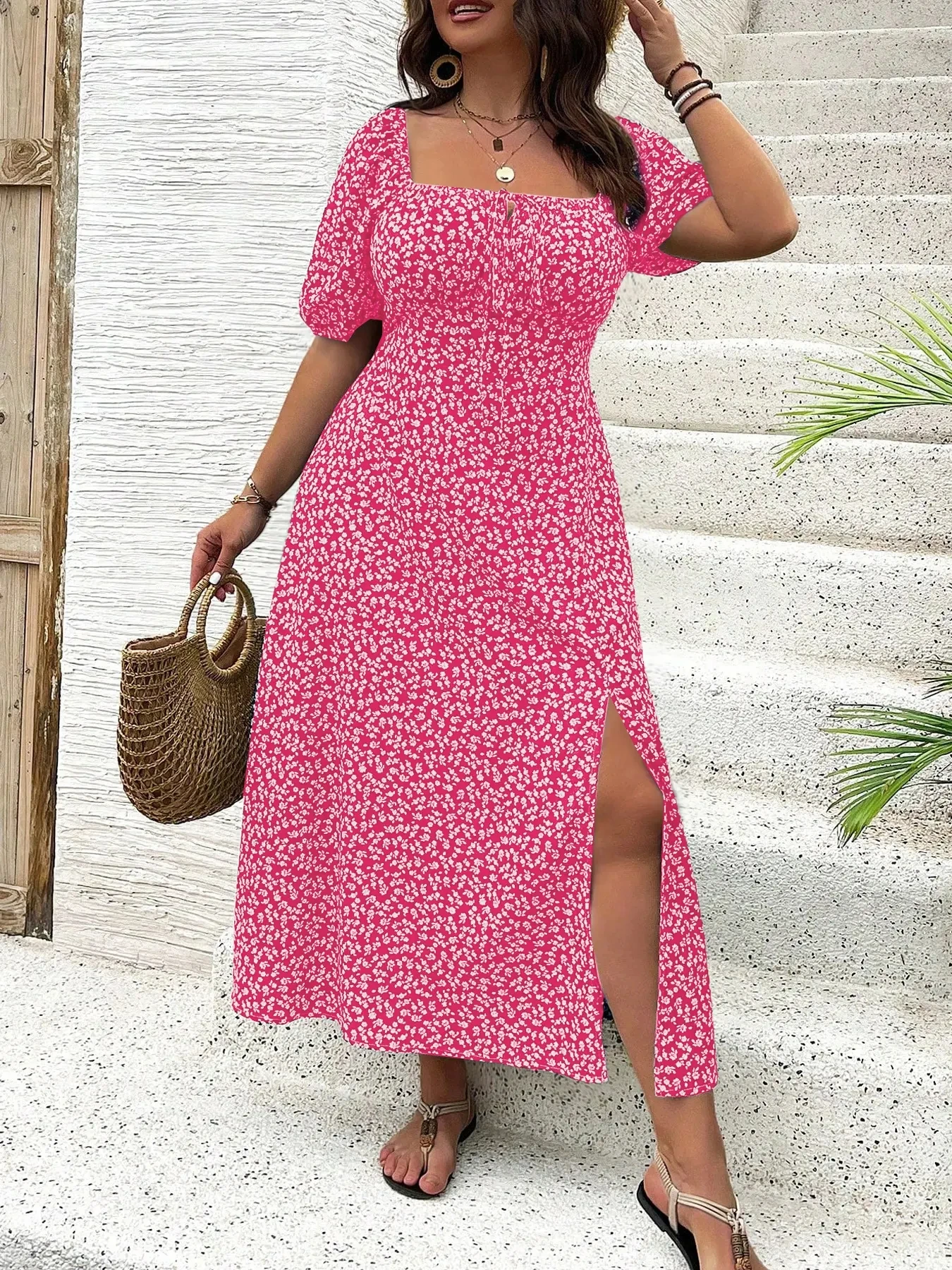 New large-size dress for spring and summer 2025, fashionable and casual, square neck ladies' long skirt