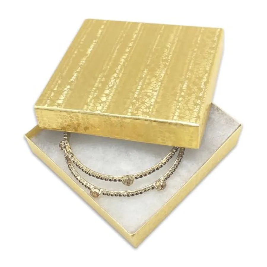 

100-Pack #33 Cotton Filled Cardboard Paper Jewelry Boxes Gift Case - Gold Foil 3.5" x 3.5" x 1.0" - for Shippi