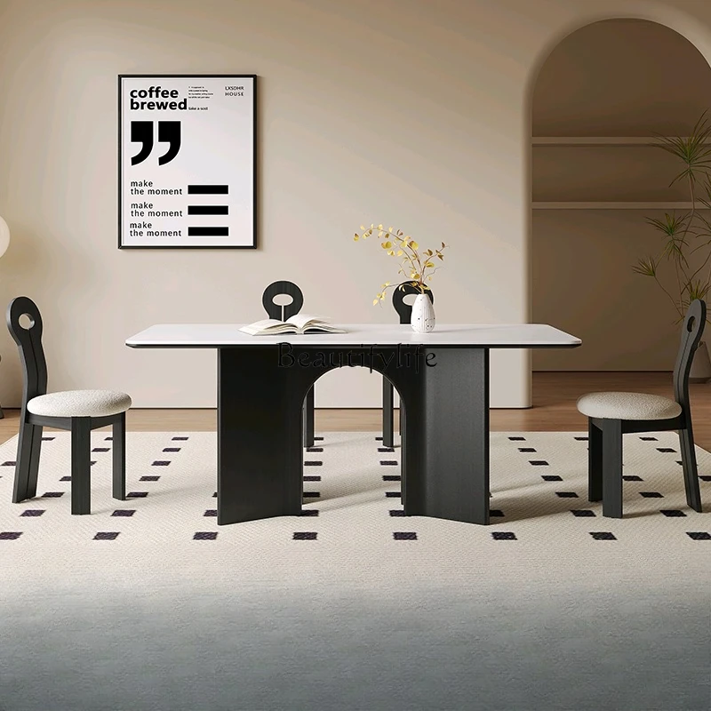 Light luxury modern simple rectangular French new Italian white rock slab dining table
