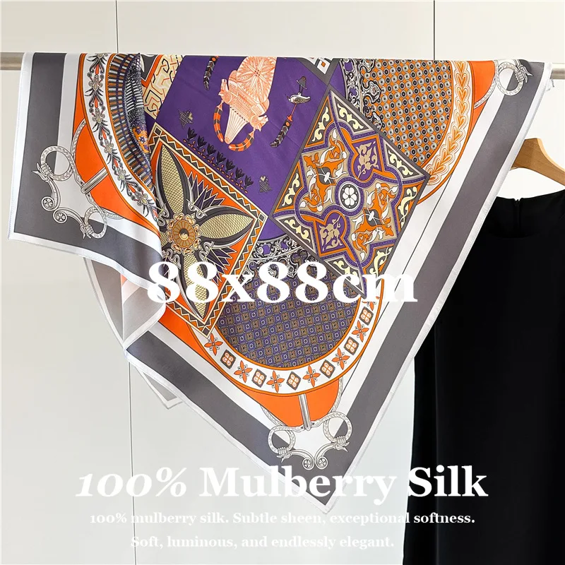 

New Luxury 100% Mulberry Silk Scarf 88x88cm Designer Print Square Silk Foulard for Women Elegant Head Scarf Hijab Shawl Hairband