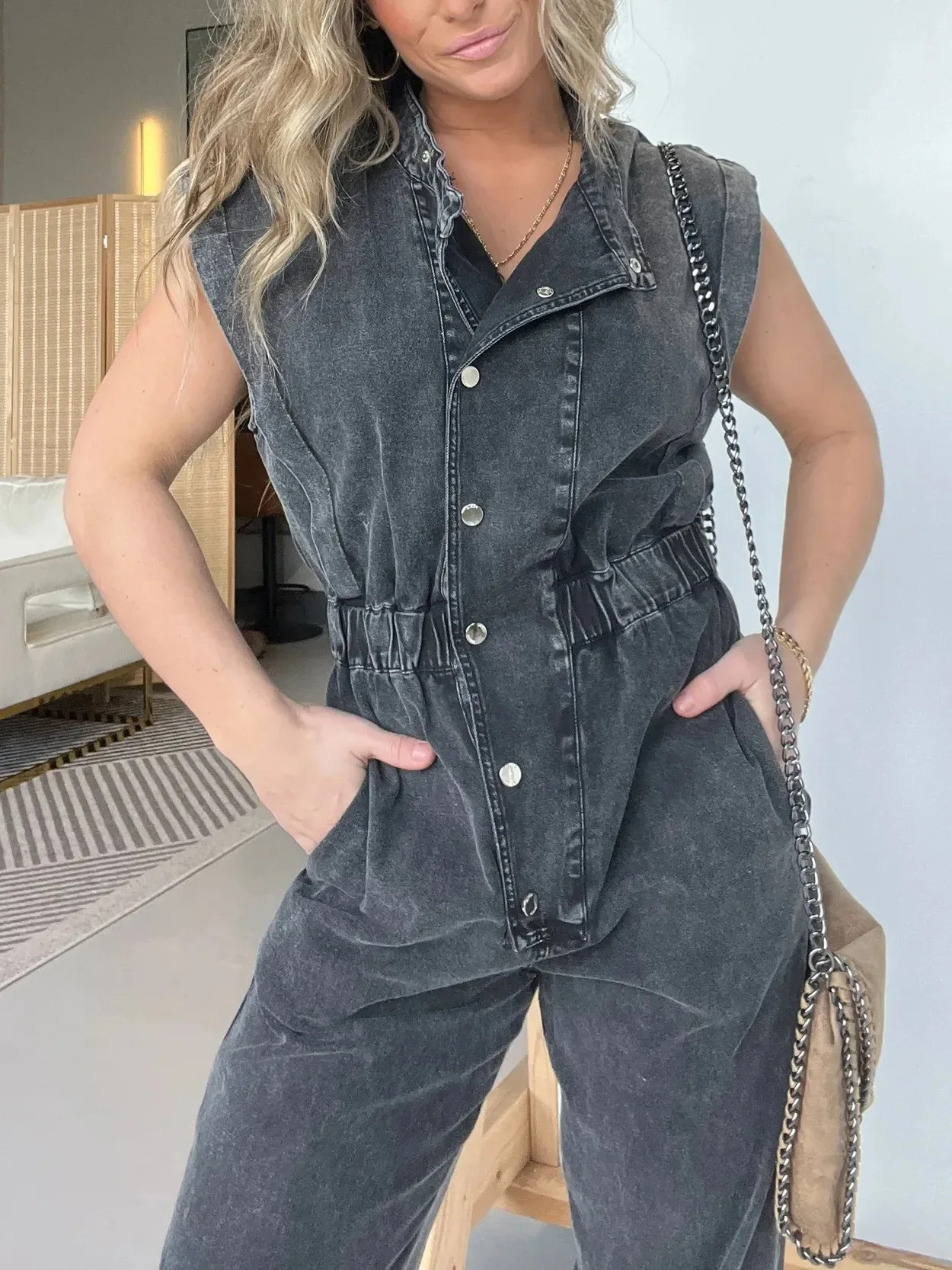 Women Jumpsuits Single Breasted Sleeveless Rompers One Piece Slim Button Solid Pencil Pants Pockets Spliced High Street