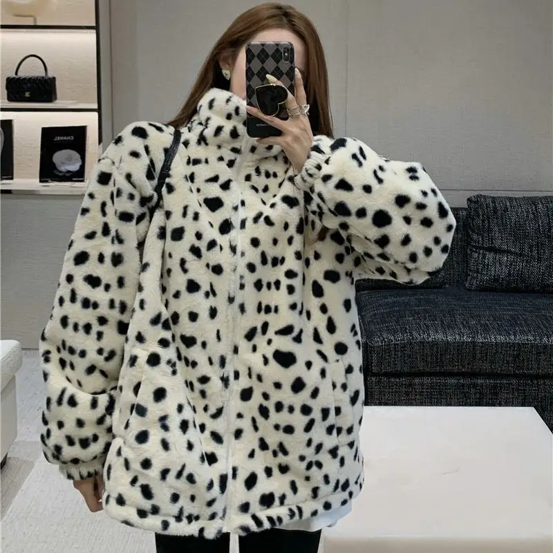 Autumn/Winter Women\'s Casual  Leopard Print Zipper White Short Coat