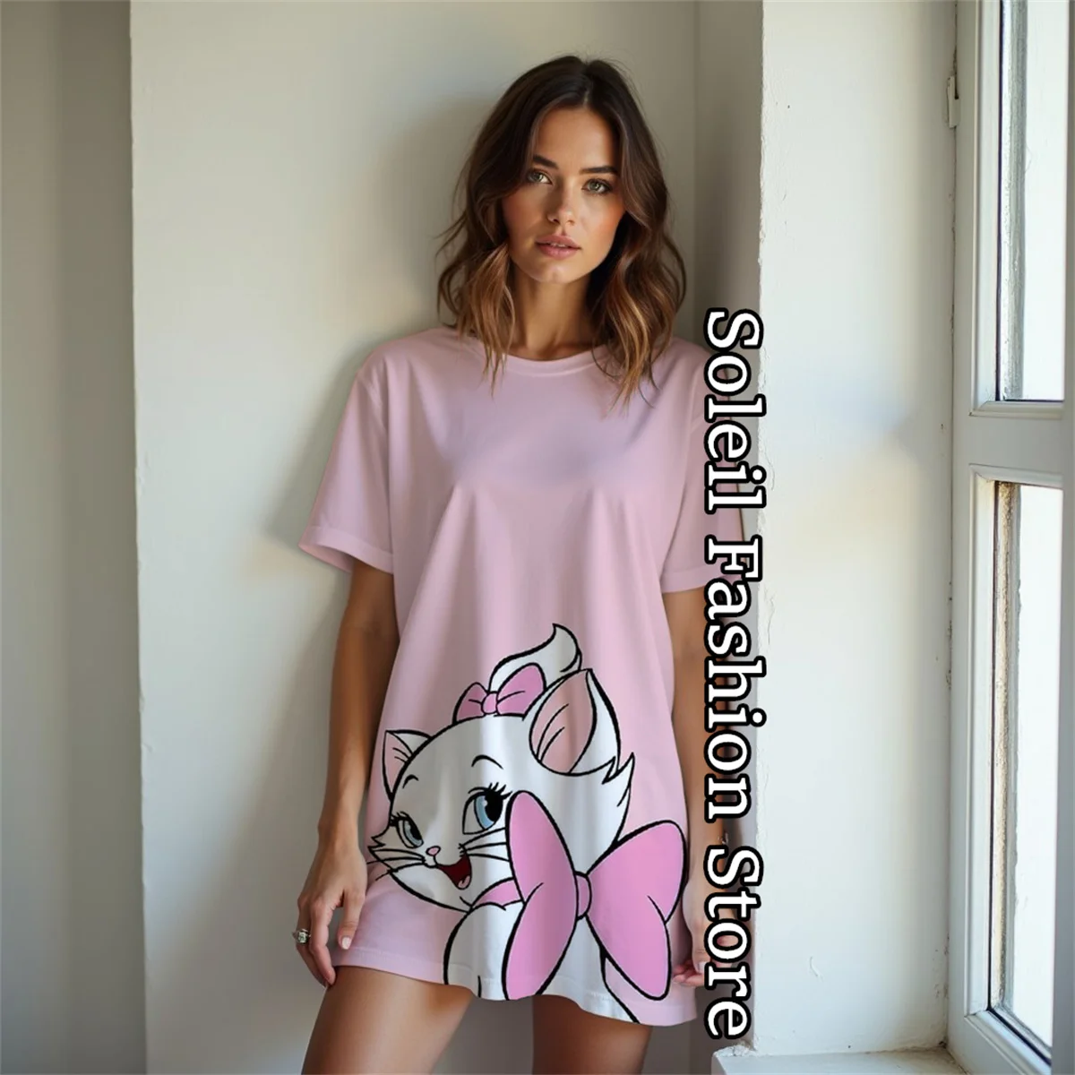 Disney Marie Cat Printed Dress Women Cartoon Short Sleeve O-Neck T-shirt Dress Fashion Cute Sleeping Skirt Daily Basic Dressing