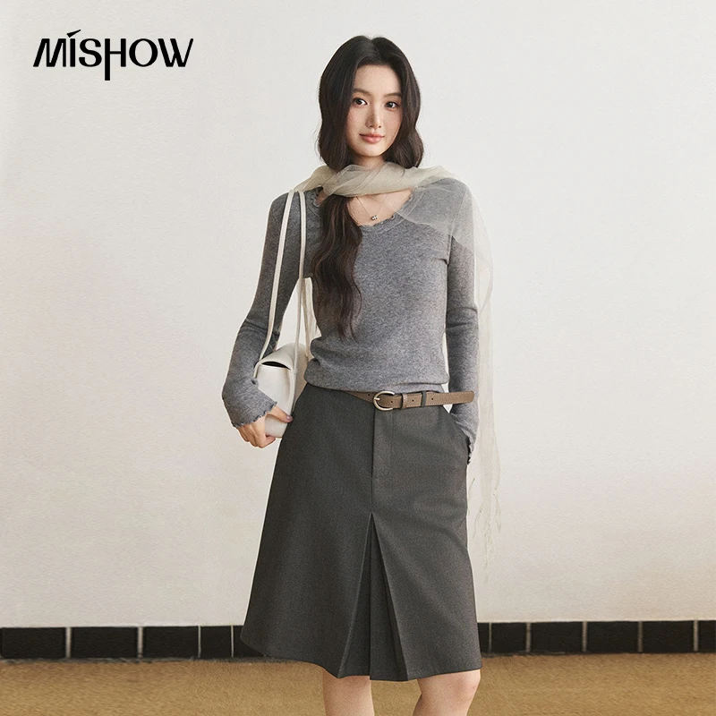 MISHOW Women's Sweater 2026 Autumn Slim Fit Ruffle Hem Multi Color Elegant Pullover Basic Layering Long Sleeve Tops MXF49Z3350