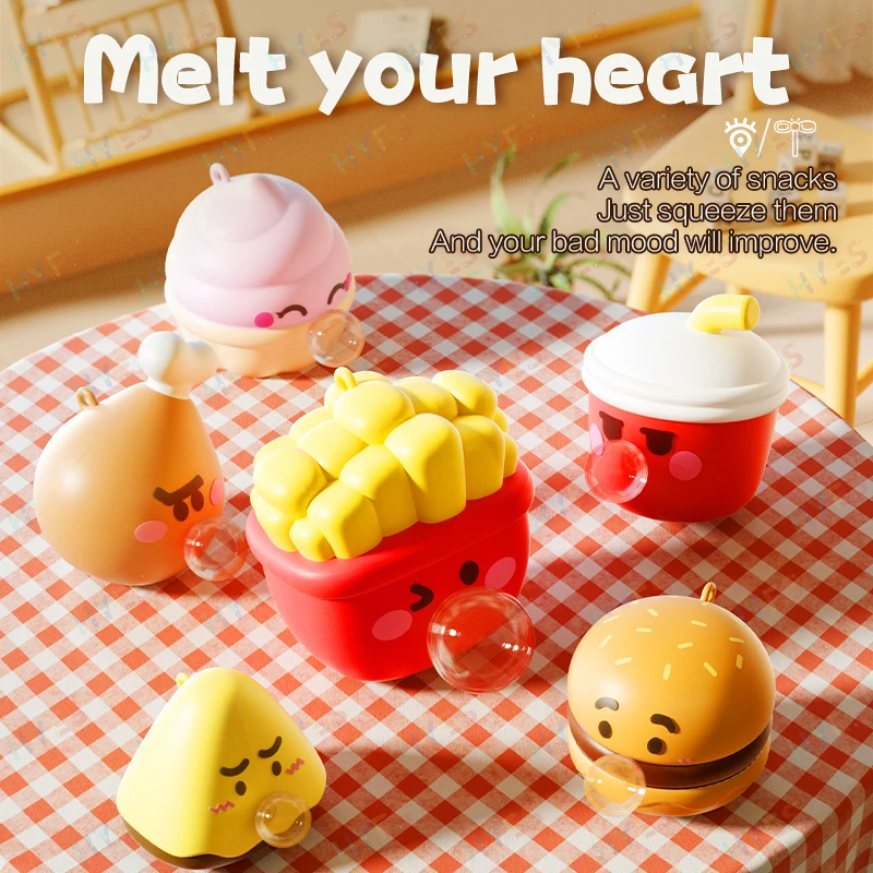 HYES Stress-relieving Toys Cartoon Food Pop Bubble Squeeze Toys Relieve Anxiety Spit  Bubbles Toy Gifts For Boy Girl Kids Adults