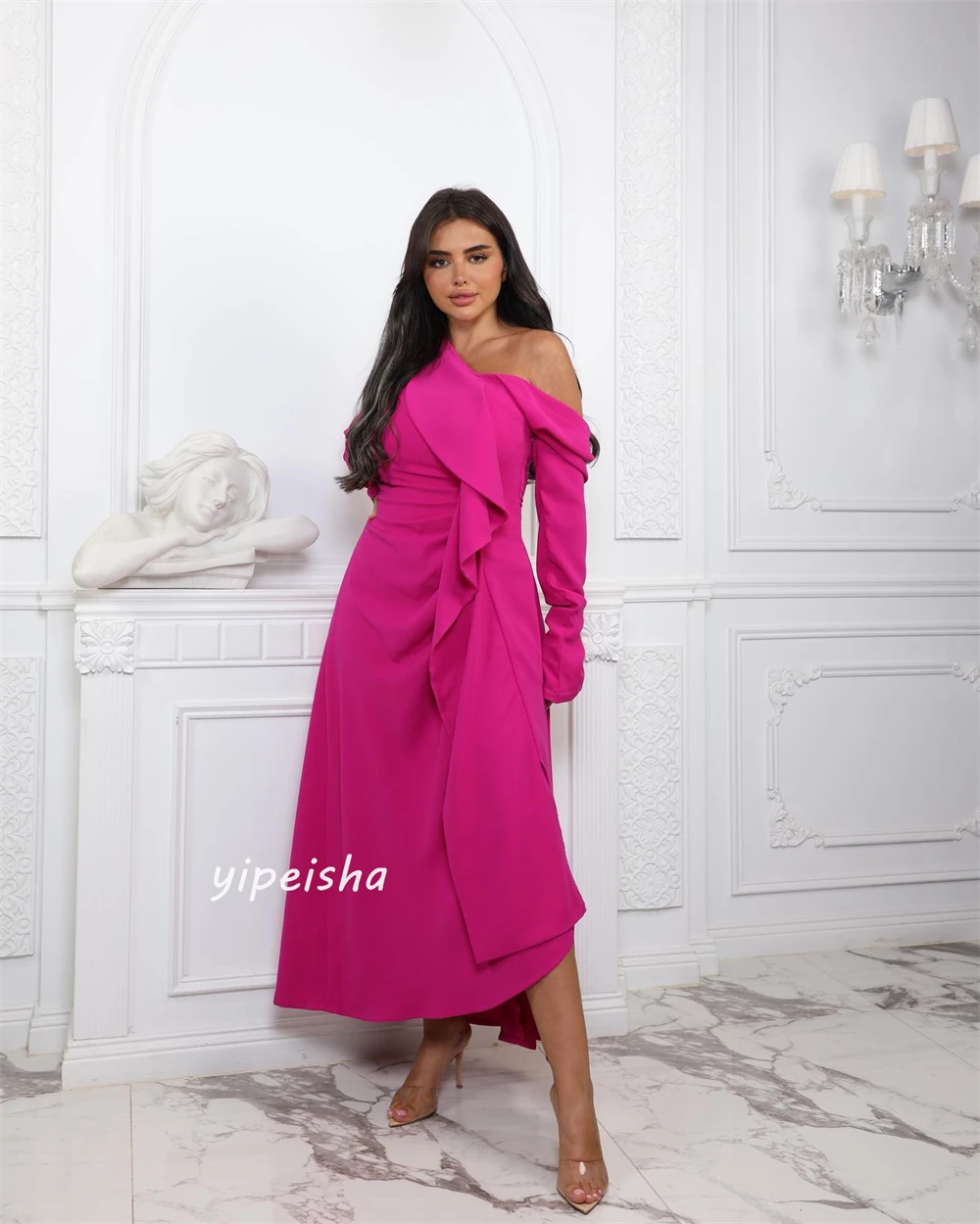    Evening Jersey Ruched Homecoming A-line One-shoulder Bespoke Occasion Gown Midi es Saudi Arabia es es