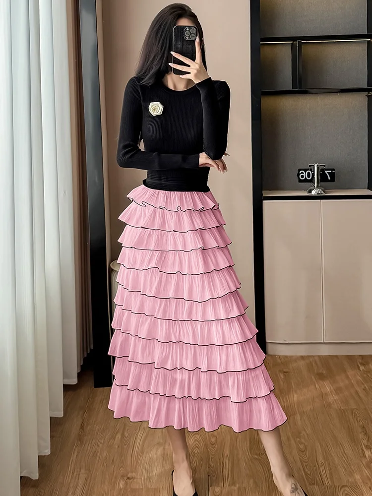 Smthma francês pequeno estilo fragrância vestido de malha preta feminino outono inverno chique dupla camada elegante plissado festa vestidos longos