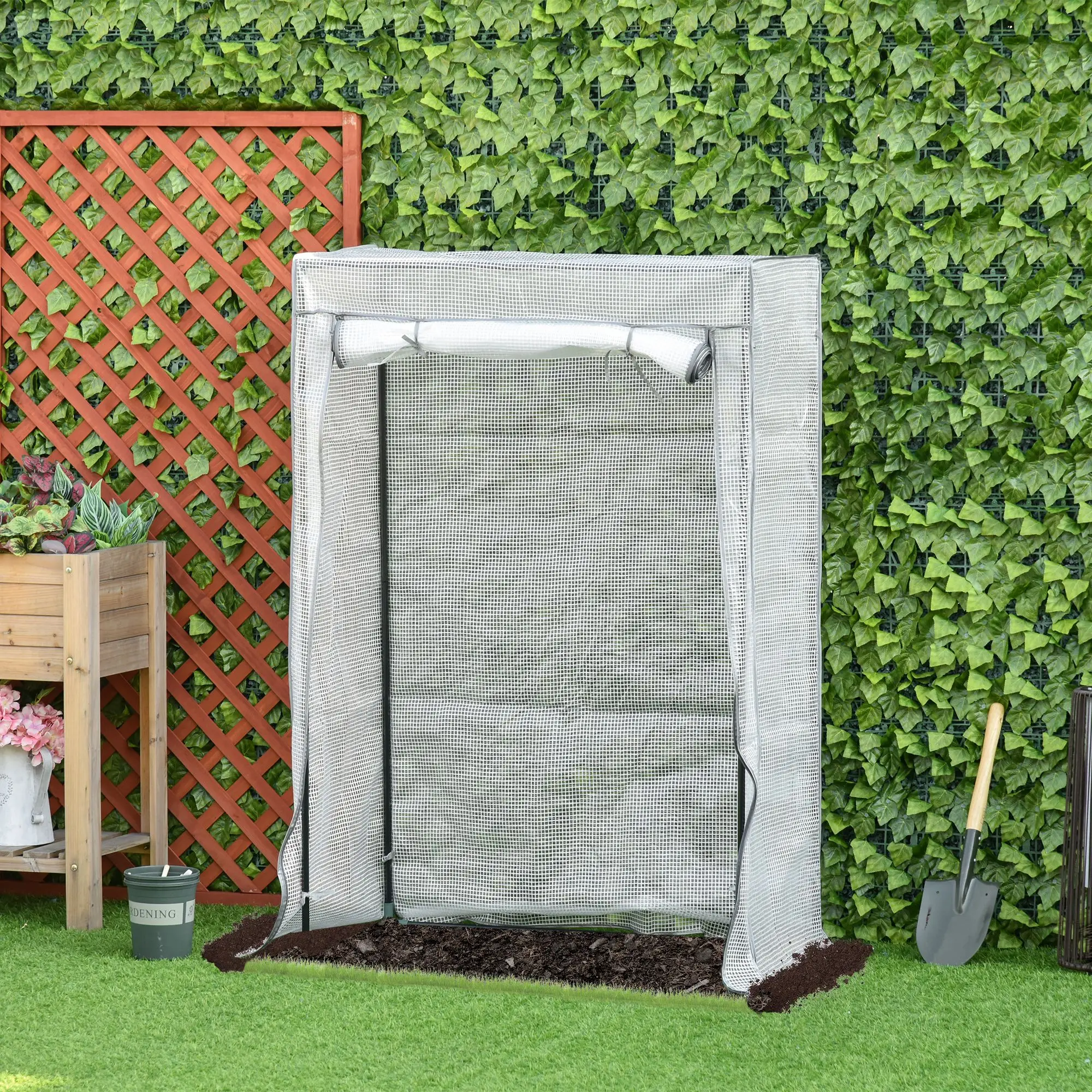 Outsunny tuinkas, balkonkas, canvas versterkt PE, stalen frame, oprolbare deur voor planten, groenten, bloemen, geschikt voor alle seizoenen, binnen en buiten, 100x50 cm, wit