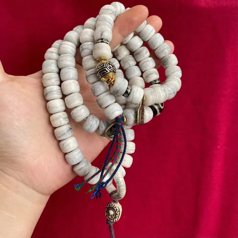 Tibetan-style cultural artifact: 108 cow bone textured barrel beads bracelet, 108 Buddhist beads for hand-held meditation