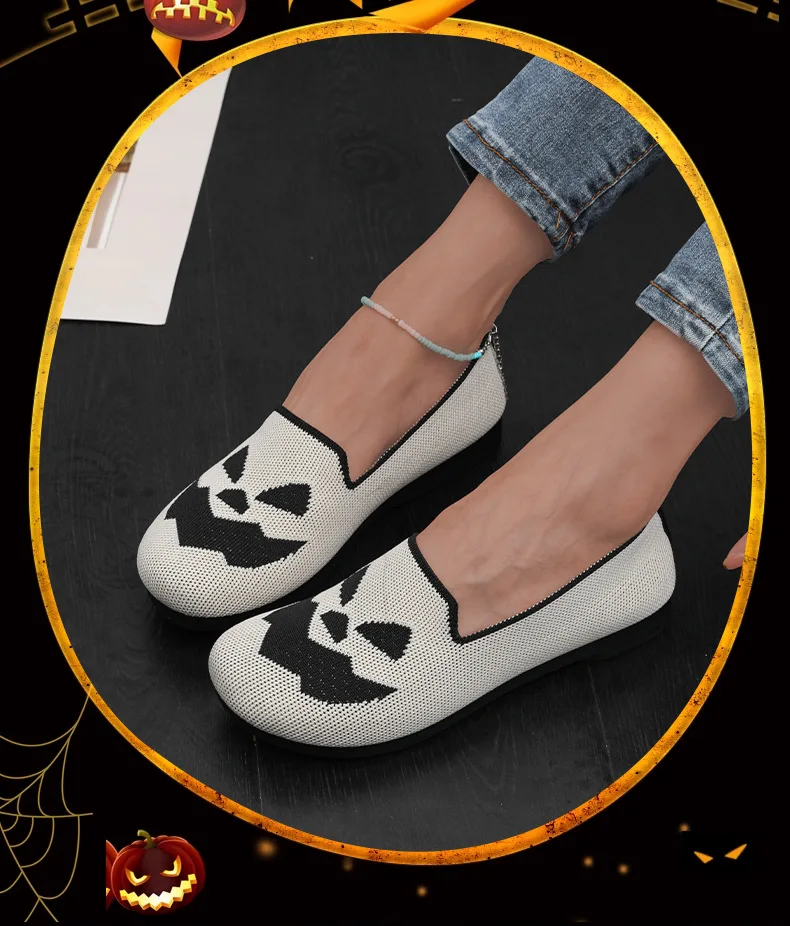 Damen-Halloween-Kürbisgesicht-Strickflachschuhe, atmungsaktive einteilige Slipper, leichte Freizeit-Party-Schuhe – Detail 13