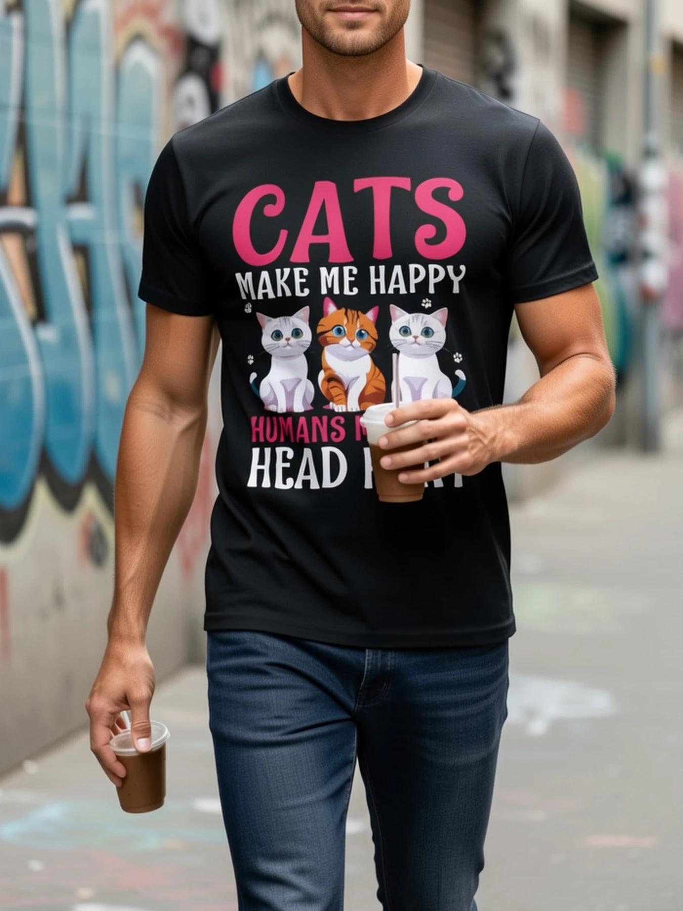 Cats Make Me Happy Human Cat T-Shirt Fashionable and Timeless Collection Women's Printed T-Shirt Suitable for All Seasons Fashionable Premium T-Shirt Casual Wear Graphic Print Plus Size