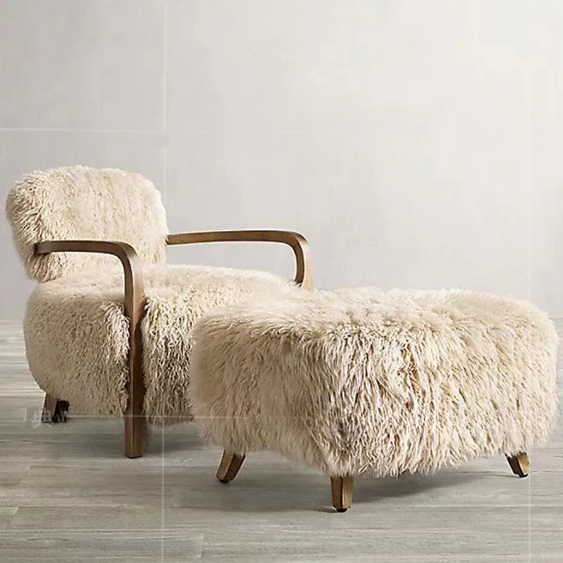 Nordic solid wood sofa chair single imitation wool leisure lazy chair creative design lamb wool bar club reception