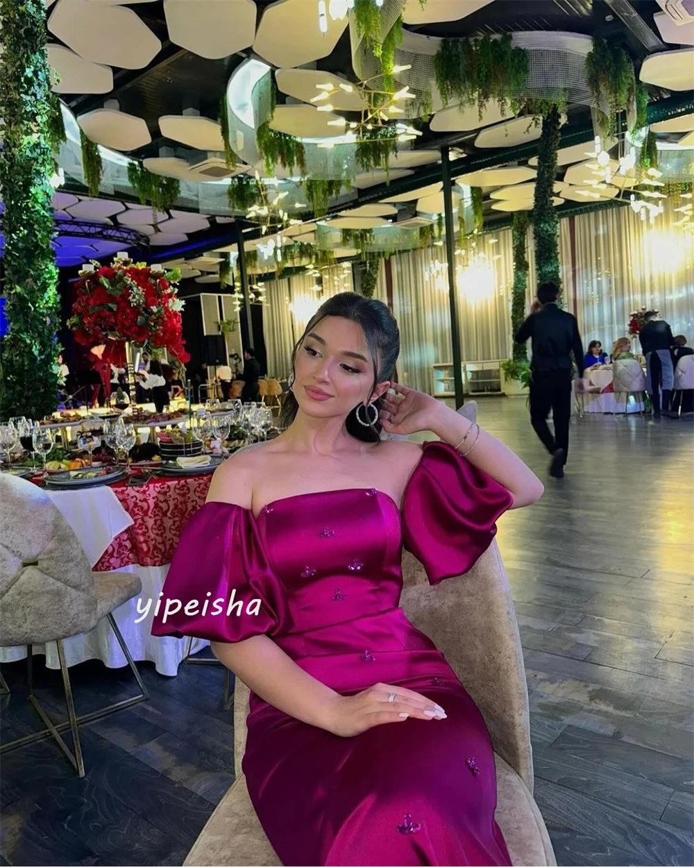 Gaun Prom Arab Saudi malam Satin manik-manik Pleat Ruched pertunangan A-line Off-the-shoulder Bespoke gaun acara gaun Midi