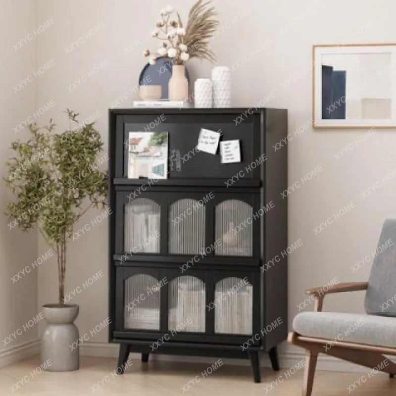 

GG storage retro glass dining side cabinet living room decoration solid wood tea cabinet