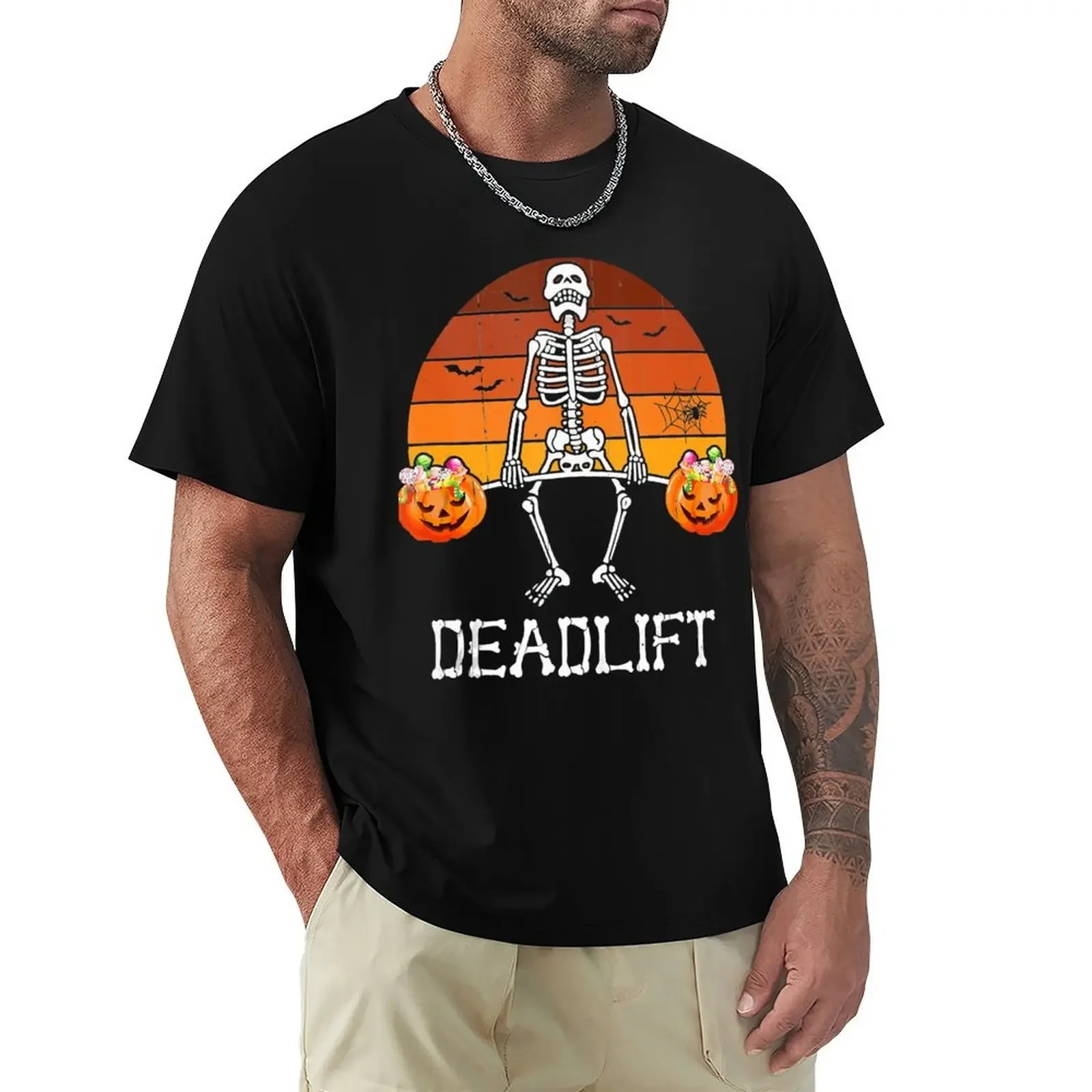 Skeleton Dead Lift Candy Buckets Gym Workout Halloween T-shirt customizeds quick-drying sports fans mens tall t shirts