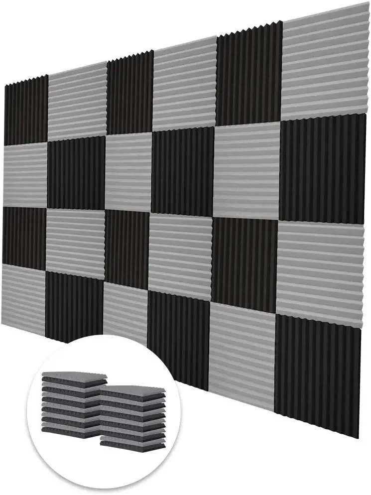 24 Pcs 30x30x2.5cm Acoustic Foam Soundproofing Wall Panels Studio Sound Absorption Sound Insulation Groove Panel 12Black 12Grey