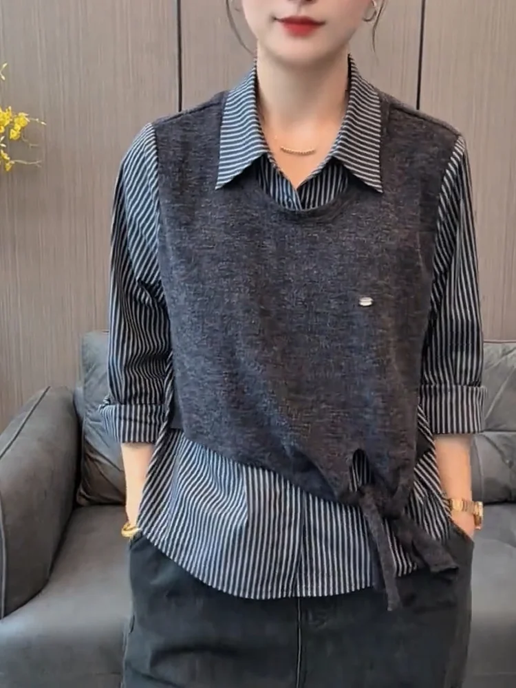 

Корейская модная полосатая рубашка с эффектом двухслойности и элементами пэчворка, женская, больших размеров, универсальный топ, дышащий, приятный для кожи
