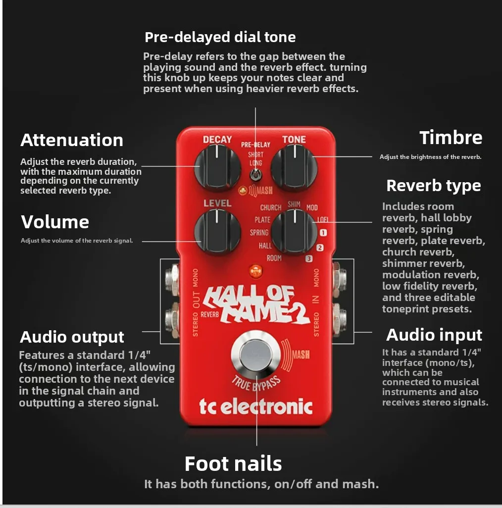 Hall of Fame 2 Reverb Guitar Pedal Electric Guitar Effects MASH Stereo Output
