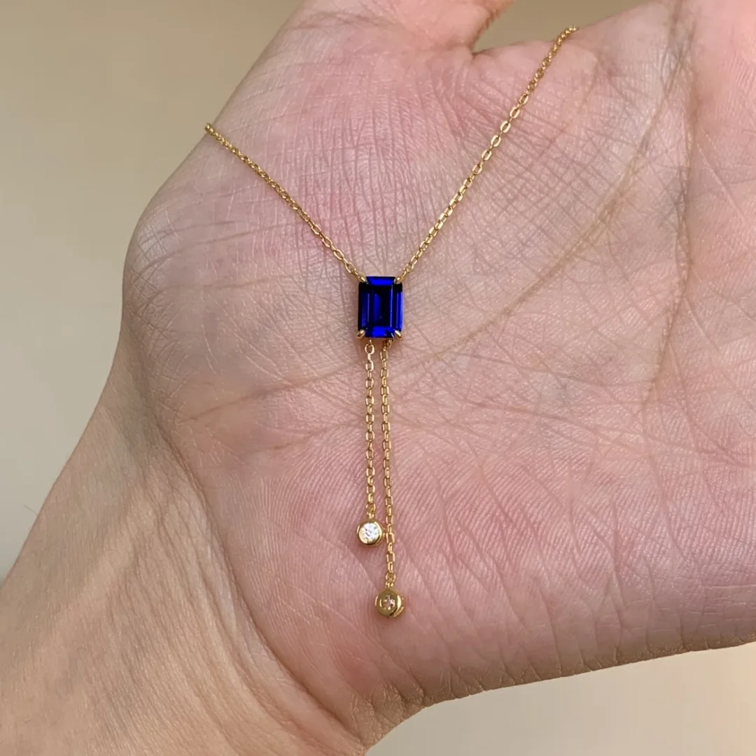 

New in simple square deep blue gemstone tassels necklace for women light luxury classic charm high-end pendant banquet jewelry
