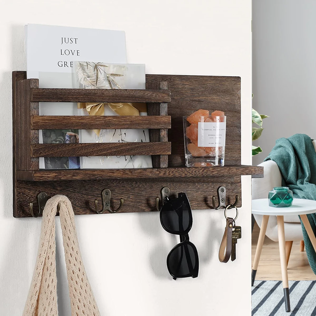 

Wooden Wall Key Holder Decorative Key Holder with 5 Hooks Wall Mount Wooden Entryway Hanging Mail Organizer Home Coat Hanger