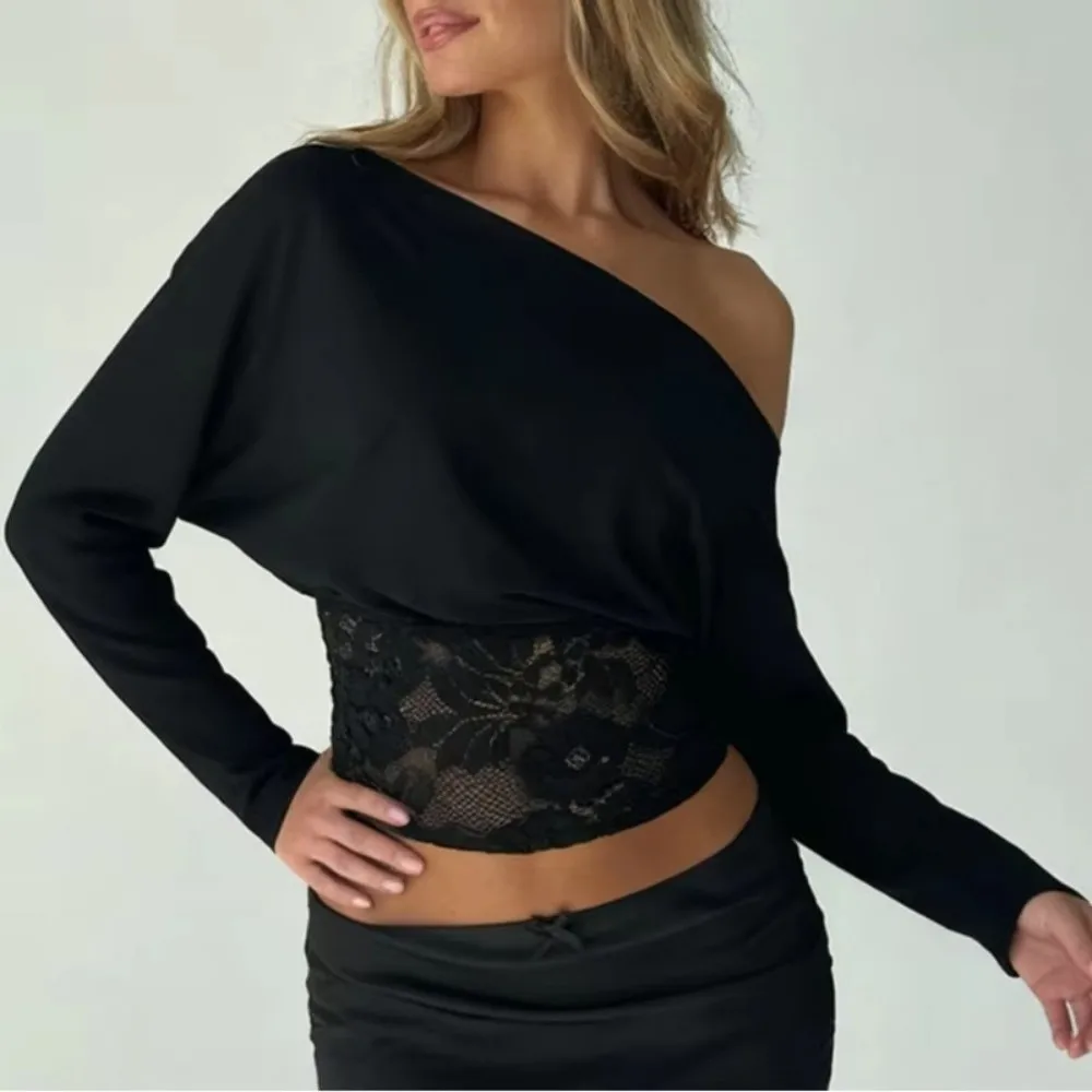 Off-Shoulder Lace Patchwork Top Waist-Defining See Through Fabric See Through Top Irregular Long Sleeve Lace Blouse