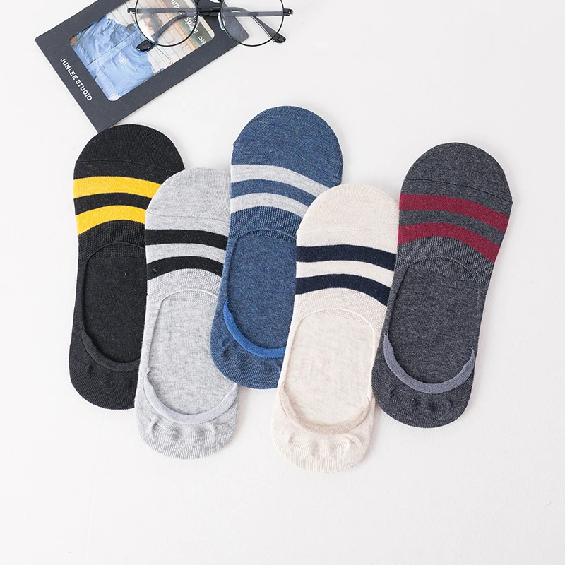 5 Paar Neuheiten Herrensocken Gestreifte Bootssocken Frühling Sommer Herbst Lässige rutschfeste Silikon-Baumwolle Atmungsaktive unsichtbare Socken