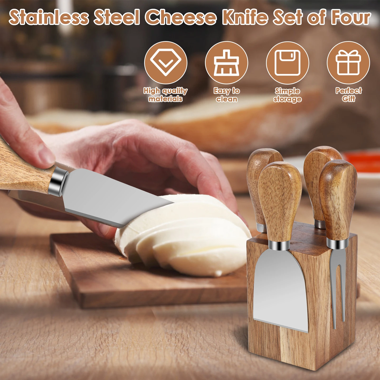 Cheese Knives Cutter Steel Cheese Cutter Utensils Board Butter Spatula Acacia Wood Holder Charcuterie Board Kitchen Accessories