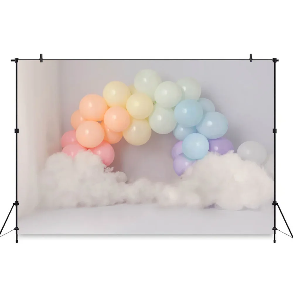 Fondo con temática de globos coloridos para bebé, retrato de niño, pastel Smash, fondo de 1er cumpleaños, decoración de nubes blancas para estudio fotográfico