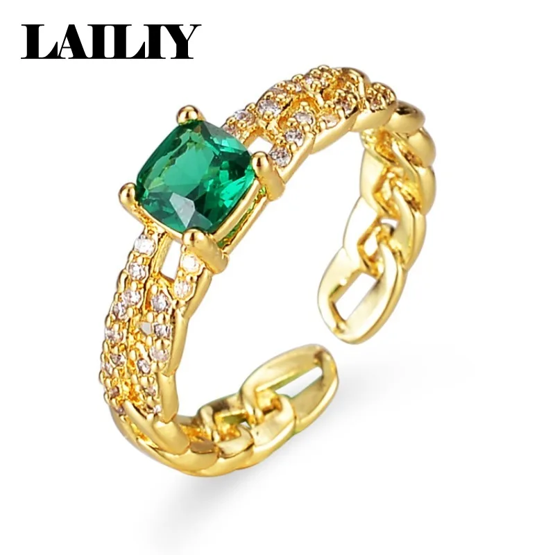 LAILIY 925 Sterling Silver 18K Gold Wedding Gift Square Emerald Zirconia Adjustable Opening Ring For Lady Women Fashion Jewelry