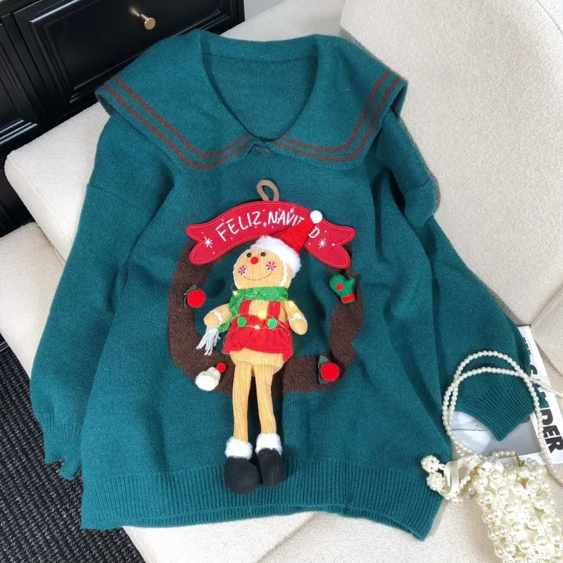 Christmas Navy Collar Age-reducing Pullover Sweater Autumn And Winter New Loose Retro Atmosphere Knitted Jumpers Women's Clothes