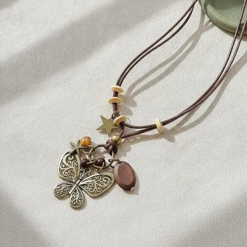 Antike Schmetterlings-Halskette mit langem Kragen für Damen, Vintage, einfacher Metallanhänger, handgefertigter Schmuck, Retro-Accessoire – Detail 6