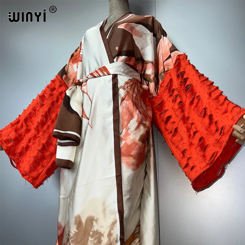 WINYI 着物ファッションマキシドレスビーチウェアカバーアップアバヤドバイ高級カーディガンビーチ衣装女性のためのブロークジーンズ袖コート