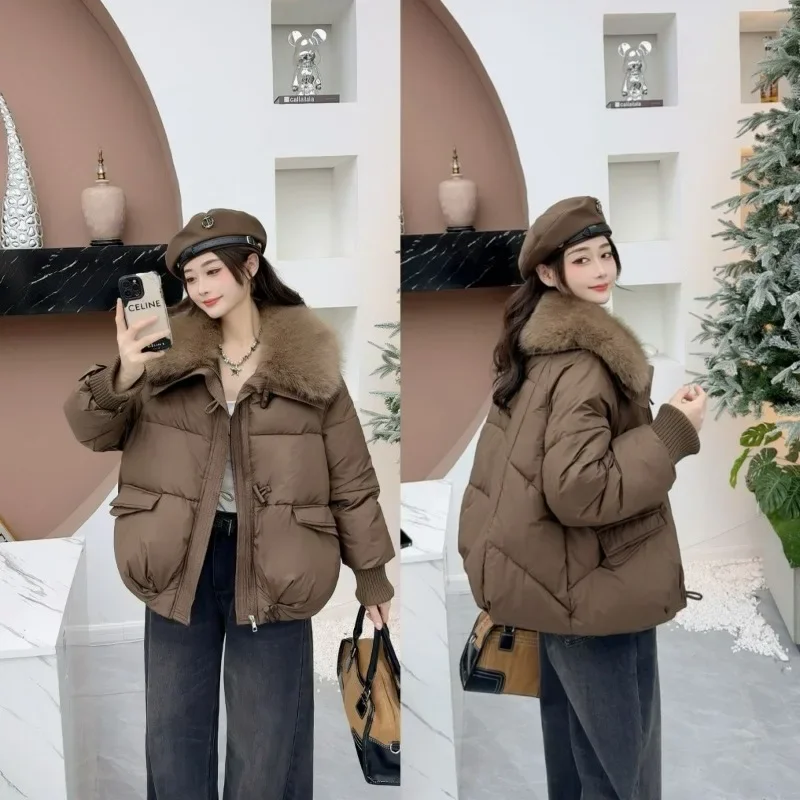 Short Down Winter Coat for Women, Fashionable and Stylish, Warm and Small, White Duck Down, Big Fur Collar Jacket