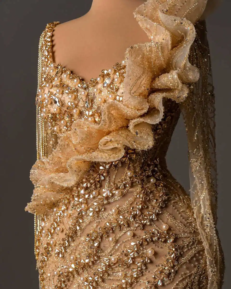 エレガントなカクテルイブニングドレス マーメイド ビーズ パール アップリケ スパンコール マキシレングス スイープトレイン フォーマルドレス カスタマイズ