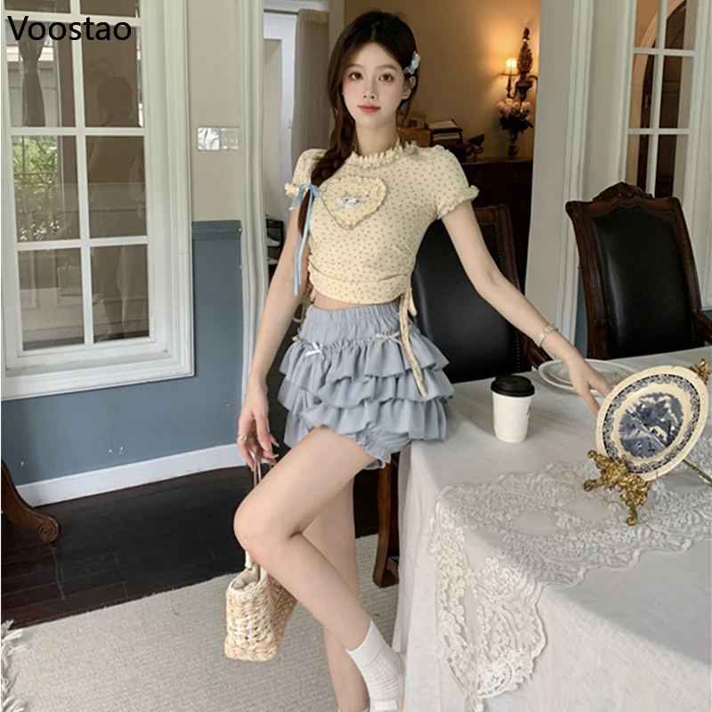 Kawaii Sweet Lolita Style Skirt Sets Women Floral Print Ruffles Hearts Blouse Tops Bow Mini Skirt Suit Japanese Two Piece Set