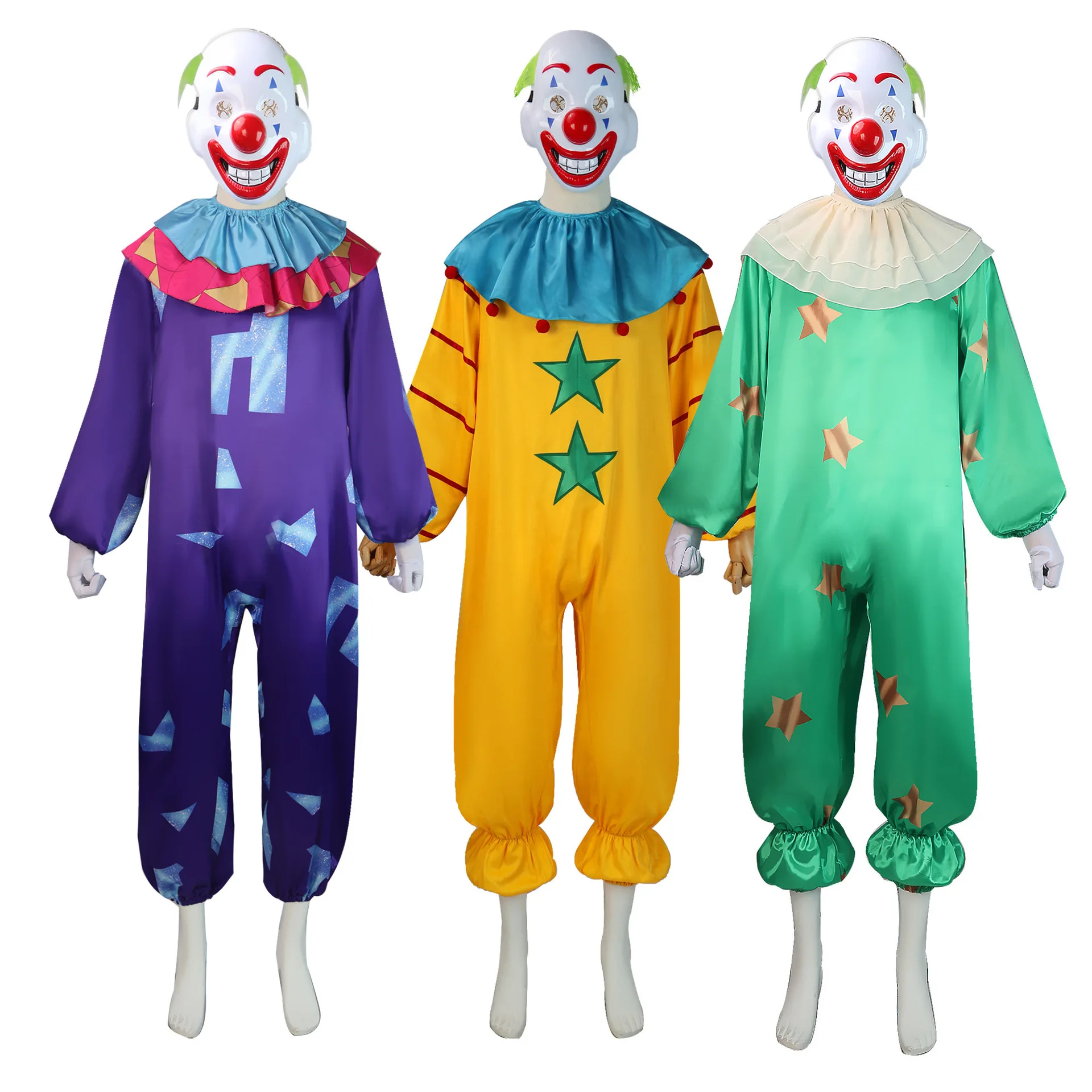 

Men Women Funny Circus Anime Clown Jumpsuit with Mask Christmas Carnival Party Dress Onesie Naughty Joker Halloween Costumes