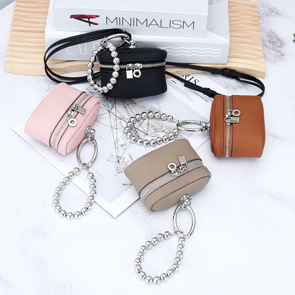 Chic and Compact Leather Necklace Coin Pouch Headphone Bag Accessory Fashion Headphone Pouch Zipper Coin Holders with Lanyard