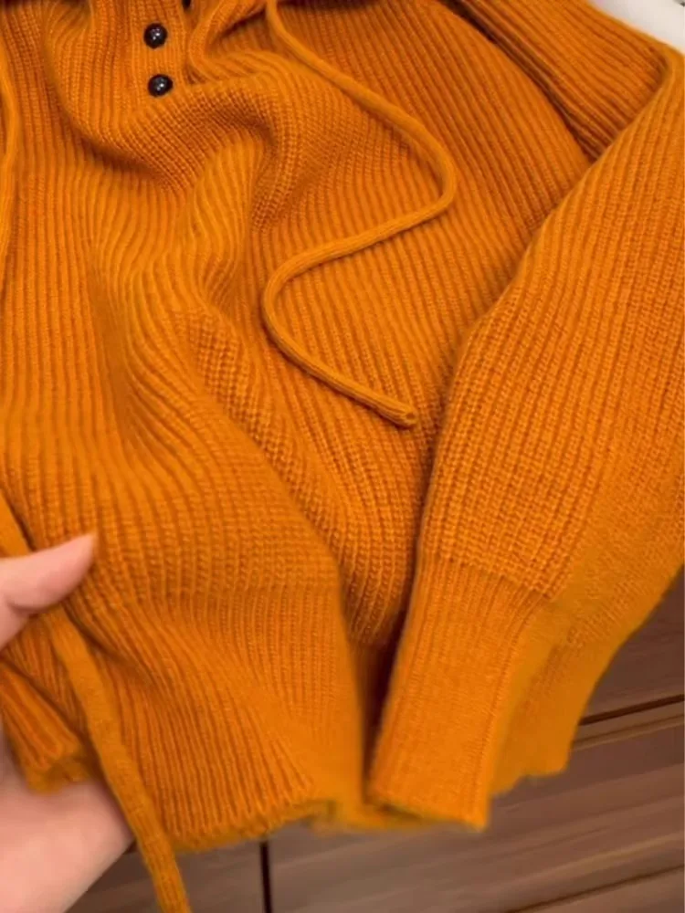 Half Button Hooded Wool Knitted Sweater For Women, 2024 Autumn And Winter New Korean Loose Casual Pullover Sweater
